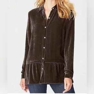 J Jill Velvet Silk Blend Long Sleeve Button Down Peplum Hem Tunic Top Large EUC